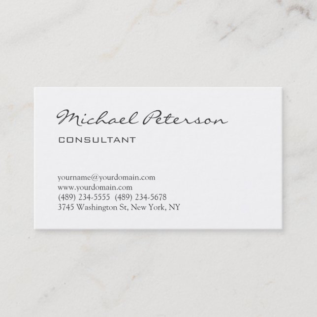 Trendy White Grey Script Consultant Business Card (Front)