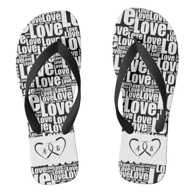 Trendy white love typography & Two Hearts Flip Flops (Footbed)