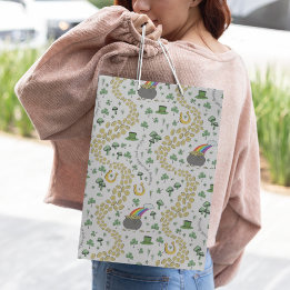 Trendy White Luck & Joy St Patricks Day Whimsical  Medium Gift Bag