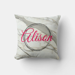 Trendy white marble fuchsia personalized name throw pillow