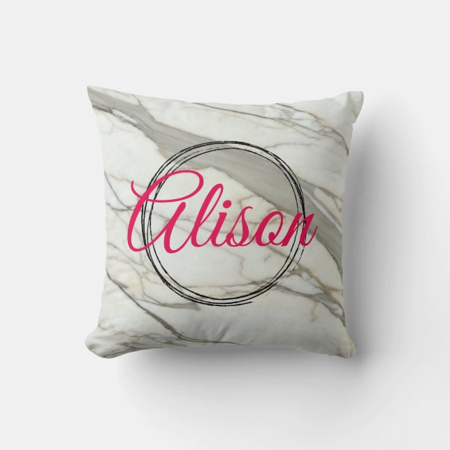 Trendy white marble fuchsia personalized name throw pillow (Front)