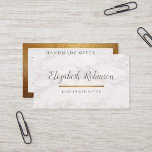 Trendy White Marble & Gold Glitter Handmade Gifts Business Card