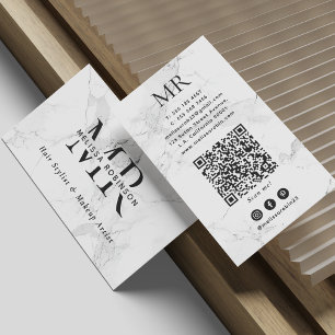 Trendy White Marble Makeup Artist Monogram QR Code Business Card