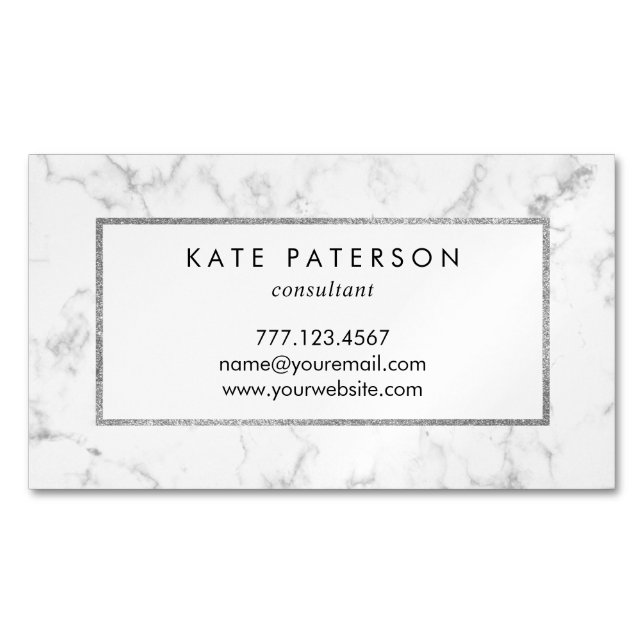 Trendy White Marble Silver Glitter Frame Magnetic Business Card (Front)