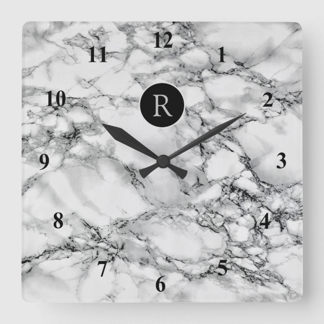Trendy White Marble Stone - Add Letter /Logo /More Square Wall Clock (Front)