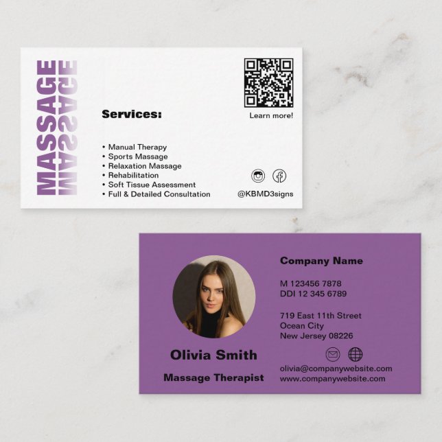 Trendy White & Purple Massage Business Card (Front/Back)