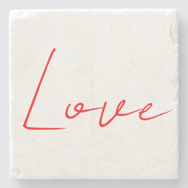 Trendy White Red Love Wedding Handwriting Name Stone Coaster (Front)