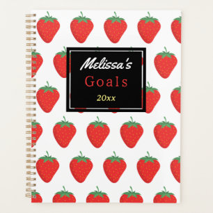 Trendy White Red Strawberry Pattern & Black Custom Planner
