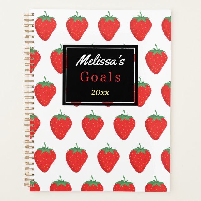 Trendy White Red Strawberry Pattern & Black Custom Planner (Front)