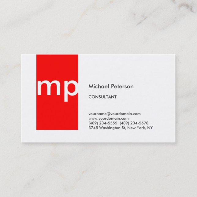 Trendy White Red Stripe Monogram Business Card (Front)