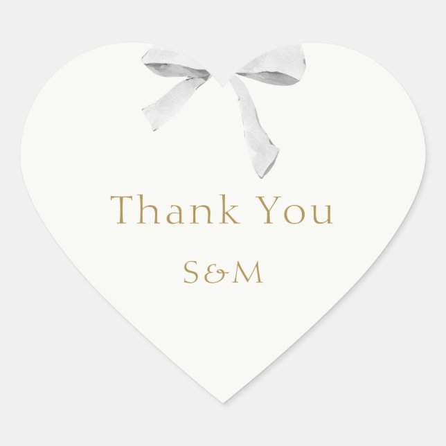 Trendy White Ribbon Wedding Thank You Heart Sticker (Front)