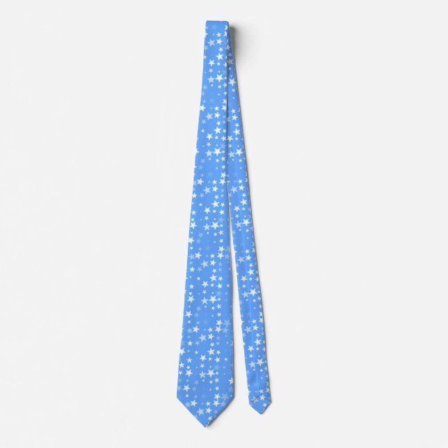 Trendy White Stars Sky Blue Background Pattern Tie (Front)