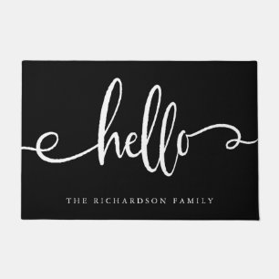 Trendy White Typography on Black Hello Doormat