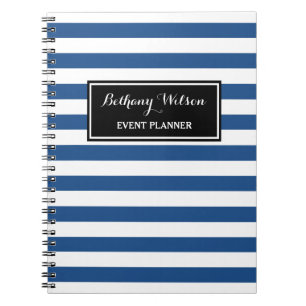 Trendy Wide Blue and White Stripes Event Planner Notebook