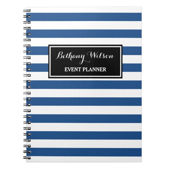 Trendy Wide Blue and White Stripes Event Planner Notebook (Front)