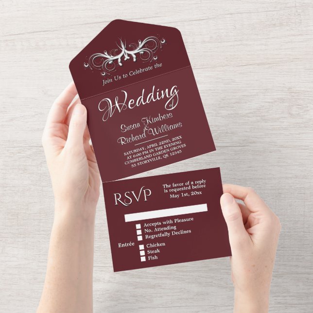  Trendy Wine and White Tri Fold w Rsvp Wedding All In One Invitation (Tearaway)