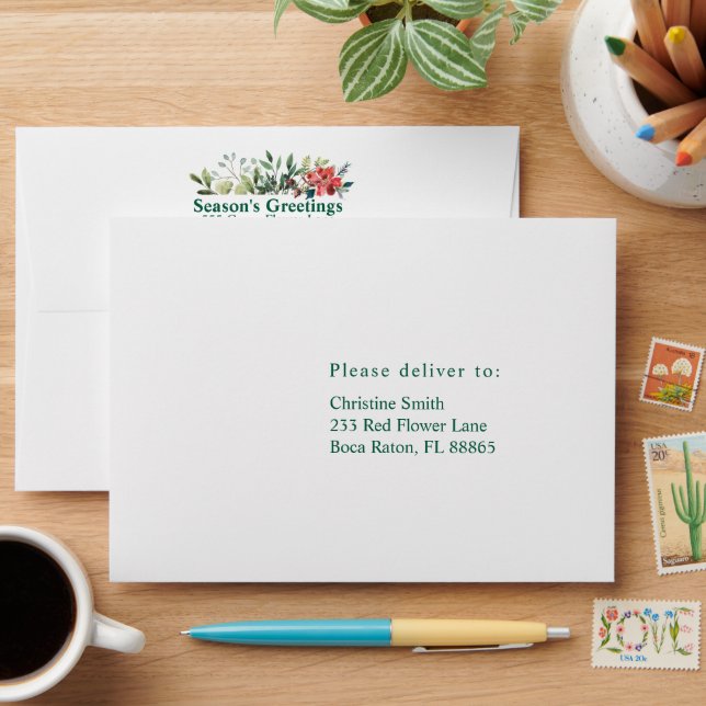 Trendy Winter Greenery with Red Flower Envelope (Desk)