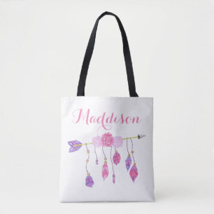 Trendy Women's Teen Girls Boho Arrow Feather Rose Tote Bag