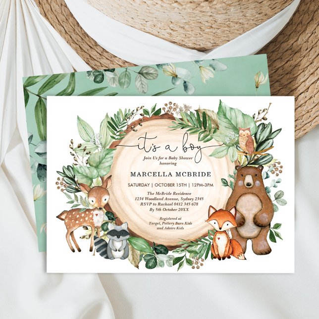 Trendy Woodland Greenery Animals Boy Baby Shower Invitation (Creator Uploaded)