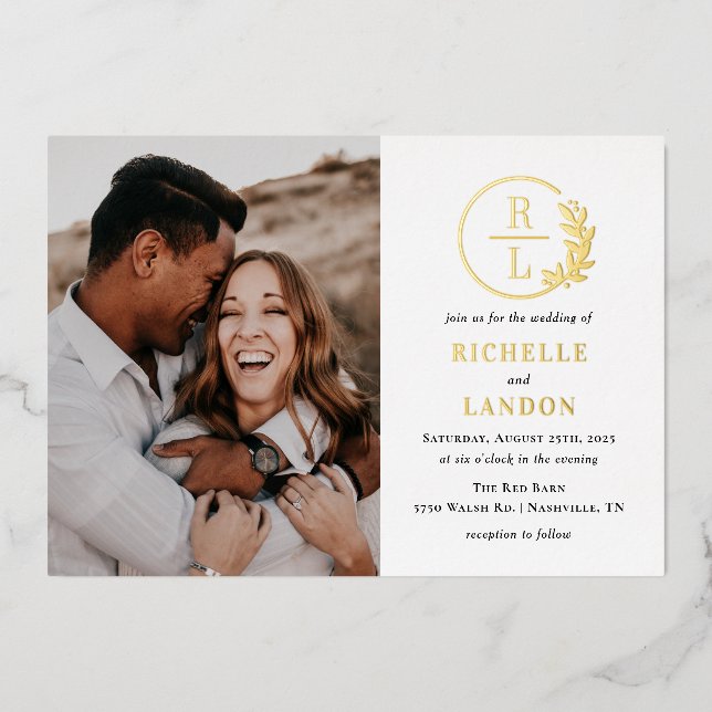 Trendy Wreath FOIL Photo Wedding Invitation (Front)