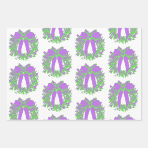 Trendy Wreath Plaid Scottie Purple Green White Wrapping Paper Sheet