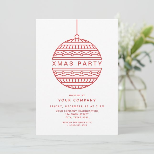 Trendy Xmas Party in red with Christmas Ball Invitation (Standing Front)