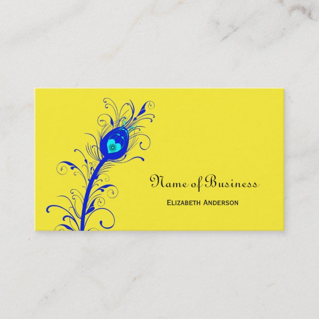 Trendy Yellow and Blue Peacock Feather Business Card (Front)