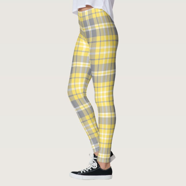 Trendy Yellow and Gray Madras Plaid Leggings (Left)