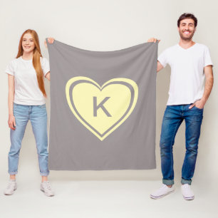 Trendy yellow and grey heart monogram Valentine`s Fleece Blanket