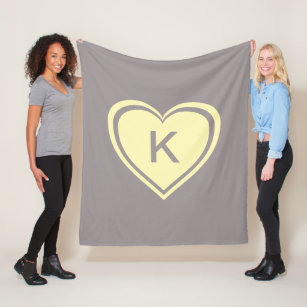 Trendy yellow and grey heart monogram Valentine`s Fleece Blanket