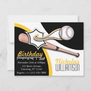 Trendy Yellow Baseball Birthday Invitations