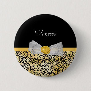 Trendy Yellow Cheetah Print Fancy Bow and Name 2 Inch Round Button