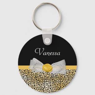 Trendy Yellow Cheetah Print Fancy Bow and Name Keychain