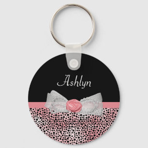 Trendy Yellow Cheetah Print Fancy Bow and Name Keychain