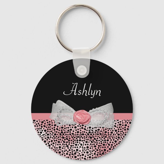 Trendy Yellow Cheetah Print Fancy Bow and Name Keychain (Front)