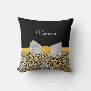 Trendy Yellow Cheetah Print Fancy Bow and Name Throw Pillow