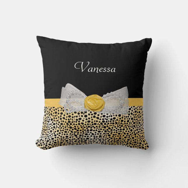 Trendy Yellow Cheetah Print Fancy Bow and Name Throw Pillow (Front)