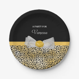 Trendy Yellow Cheetah Print Fancy Bow Party Name Paper Plate