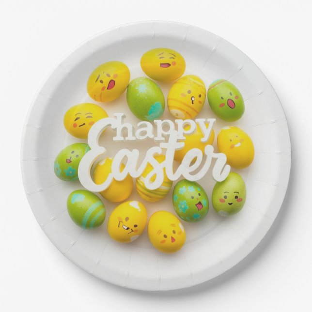 Trendy Yellow & Green  Easter Eggs Pattern Paper  Plate (Front)