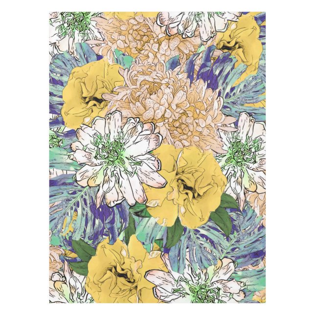 Trendy Yellow & Green Floral Girly Illustration Tablecloth (Front)
