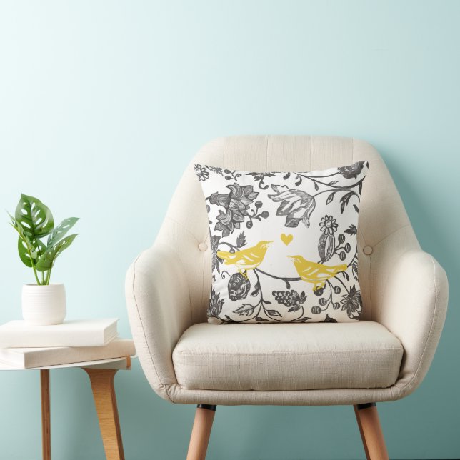 Trendy Yellow Grey and White Floral Bird Pattern Throw Pillow (Chair)
