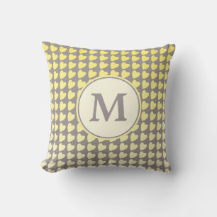 Trendy Yellow Grey Heart Gradient Pattern Monogram Throw Pillow