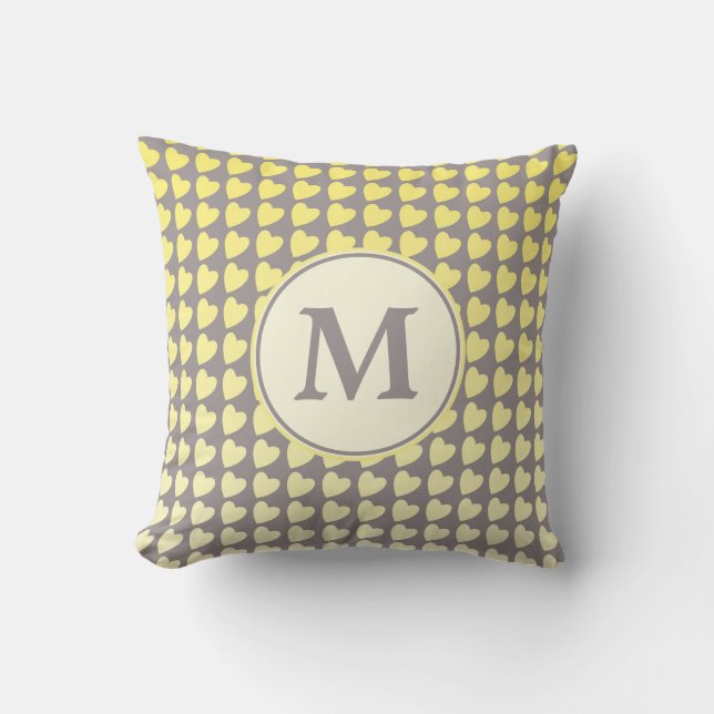 Trendy Yellow Grey Heart Gradient Pattern Monogram Throw Pillow (Front)