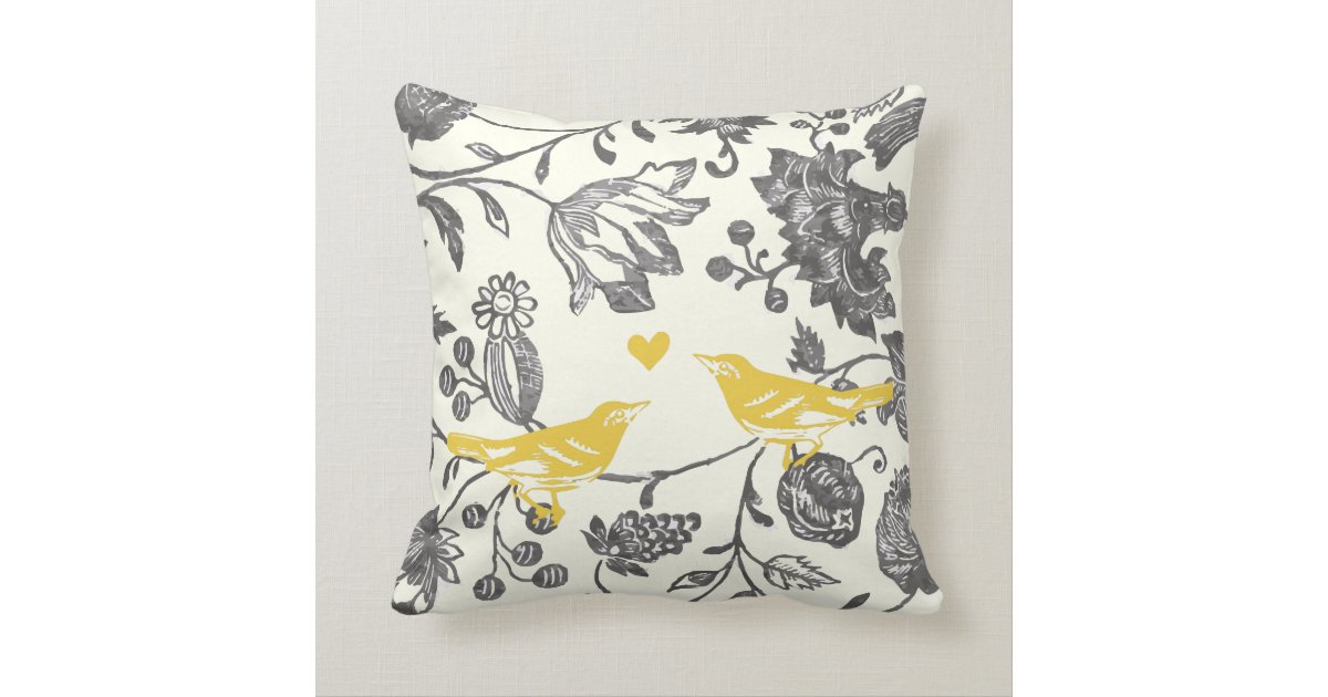 Trendy Yellow Grey Vintage Floral Bird Pattern Throw Pillow Zazzle