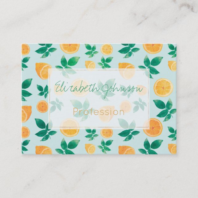 Trendy Yellow Lemon Fruit & Leaves Mint Pattern Business Card (Front)