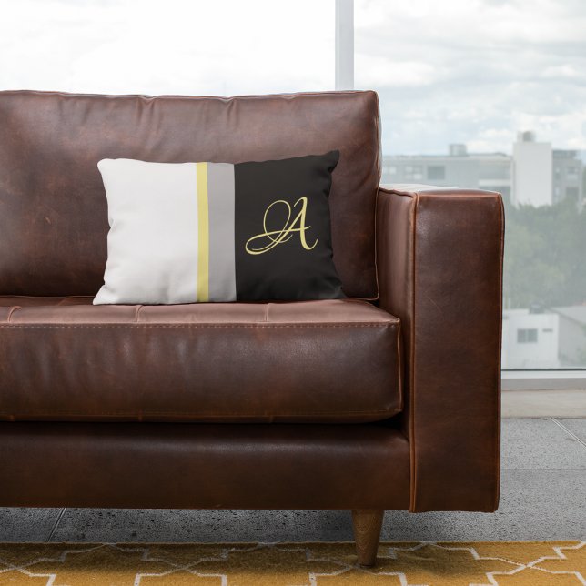 Trendy Yellow Monogram Grey Black Stripes Lumbar Pillow (Creator Uploaded)