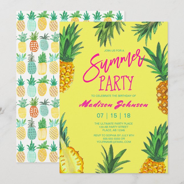 Trendy Yellow Summer Party | Pineapple Invitation (Front/Back)