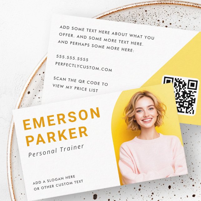 Trendy yellow white half arch photo QR code Business Card (Trendy yellow white half arch photo QR code Business Card)
