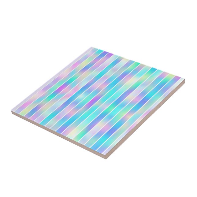 Trendy youthful modern blue pink iridescent stripe tile (Side)