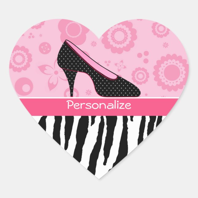 Trendy Zebra Girly Pink Shoes With Name Heart Sticker (Front)